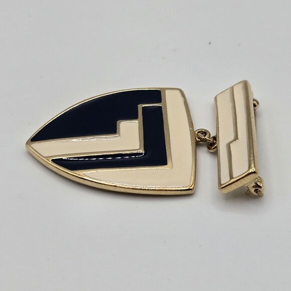 VTG Brooch 80s Gold Tone Black Cream Enamel Trifari Signed Stmt Shield Pin - Picture 3 of 10